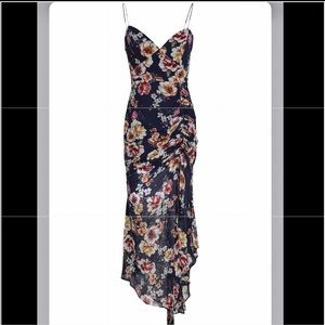 NICHOLAS FLORAL LAYERED DRAWSTRING DRESS NAVY SILK